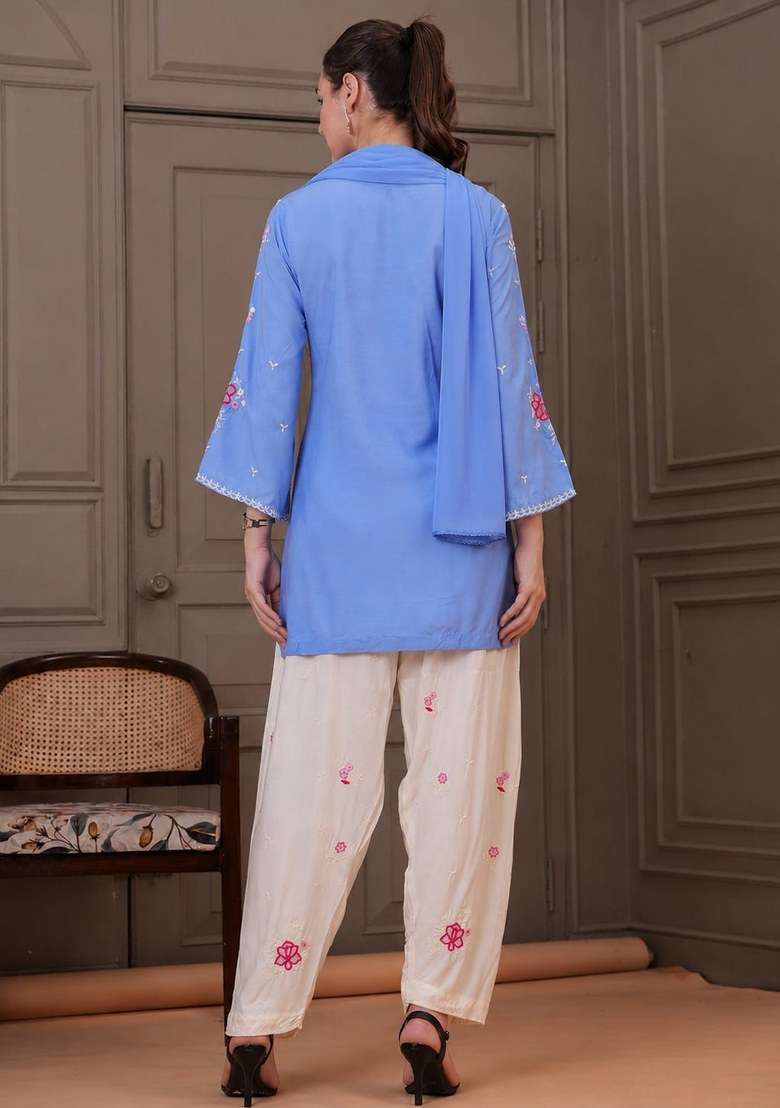 Sky Blue Embroidered Cotton Kurta Set - Indya
