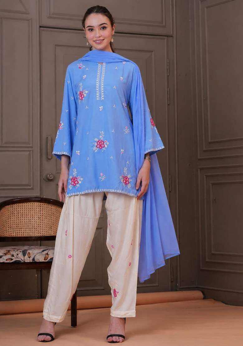 Sky Blue Embroidered Cotton Kurta Set - Indya