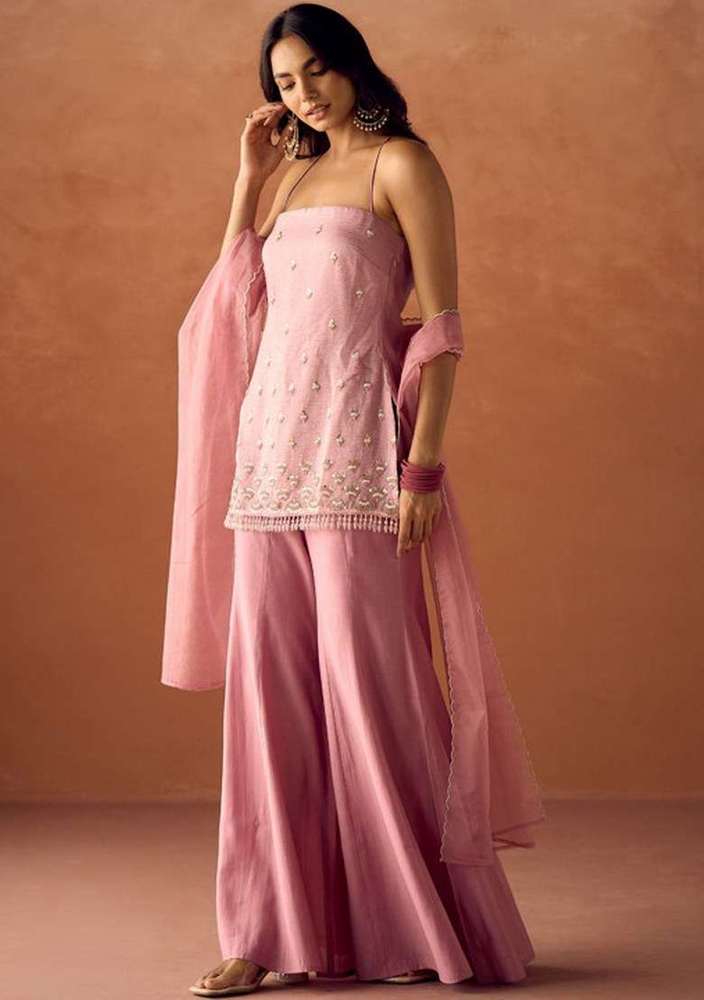 Pink Beads Work Viscose Kurta Set - Indya
