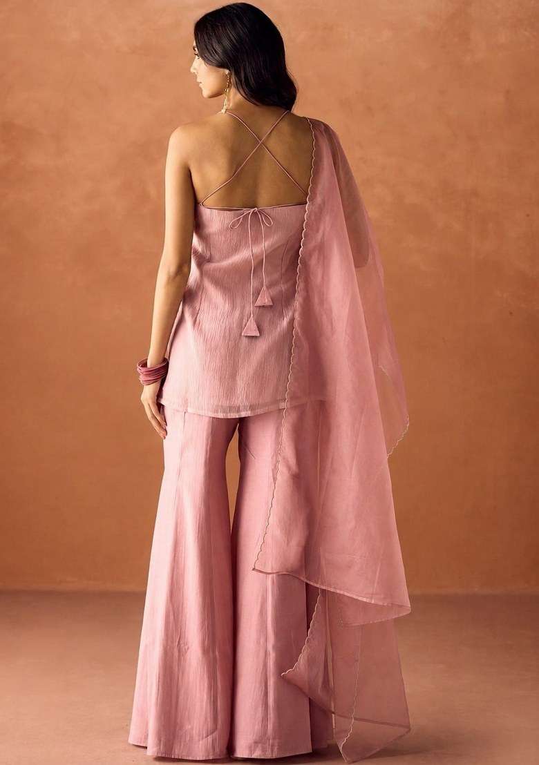 Pink Beads Work Viscose Kurta Set - Indya