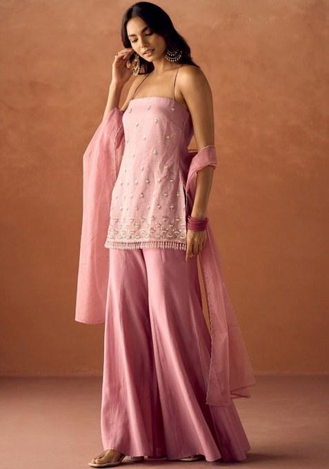 Pink Beads Work Viscose Kurta Set
