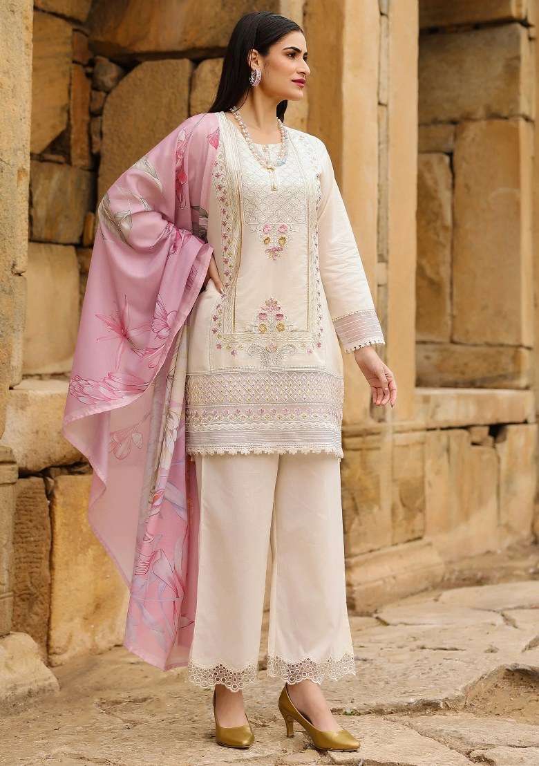 Cream Embroidered Cotton Kurta Set - Indya