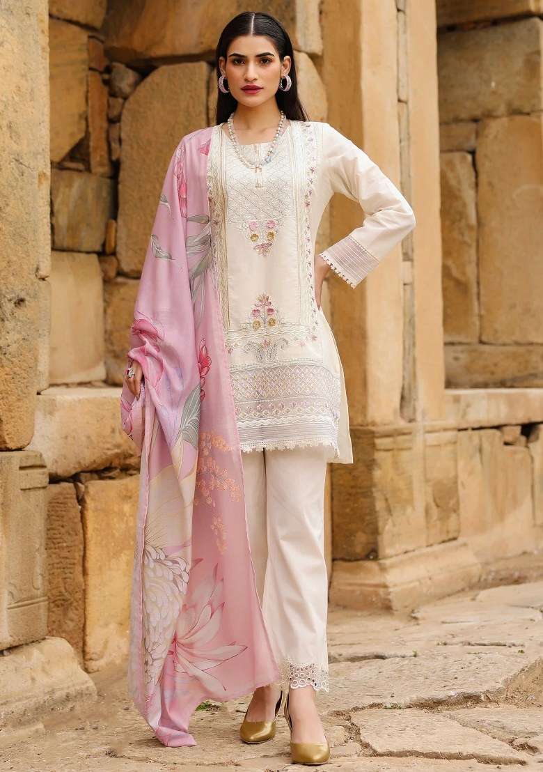 Cream Embroidered Cotton Kurta Set - Indya