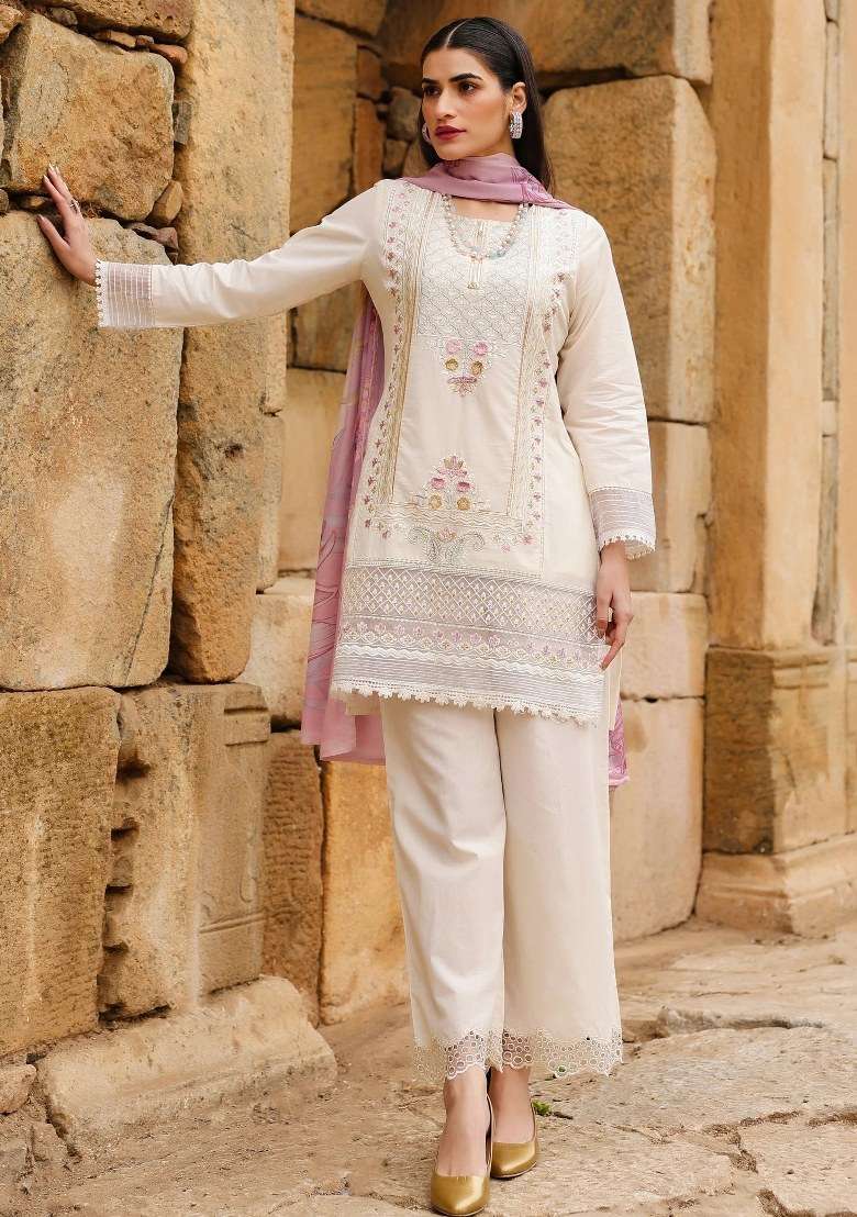 Cream Embroidered Cotton Kurta Set - Indya