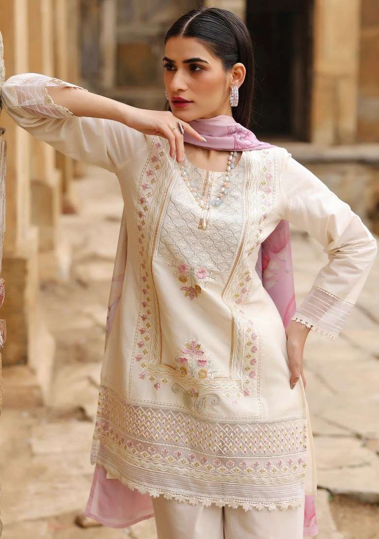 Cream Embroidered Cotton Kurta Set - Indya