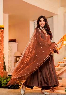 Coffee Embroidered Vichitra Kurta Set