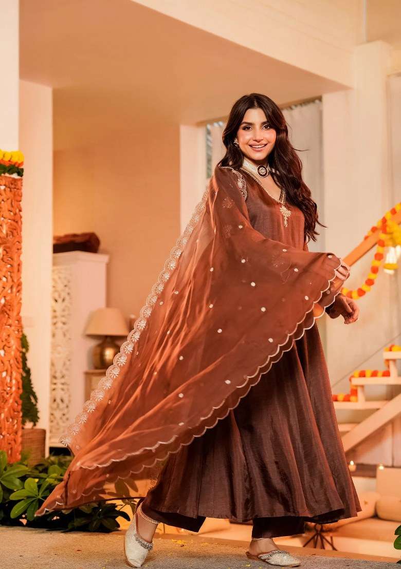 Coffee Embroidered Vichitra Kurta Set - Indya