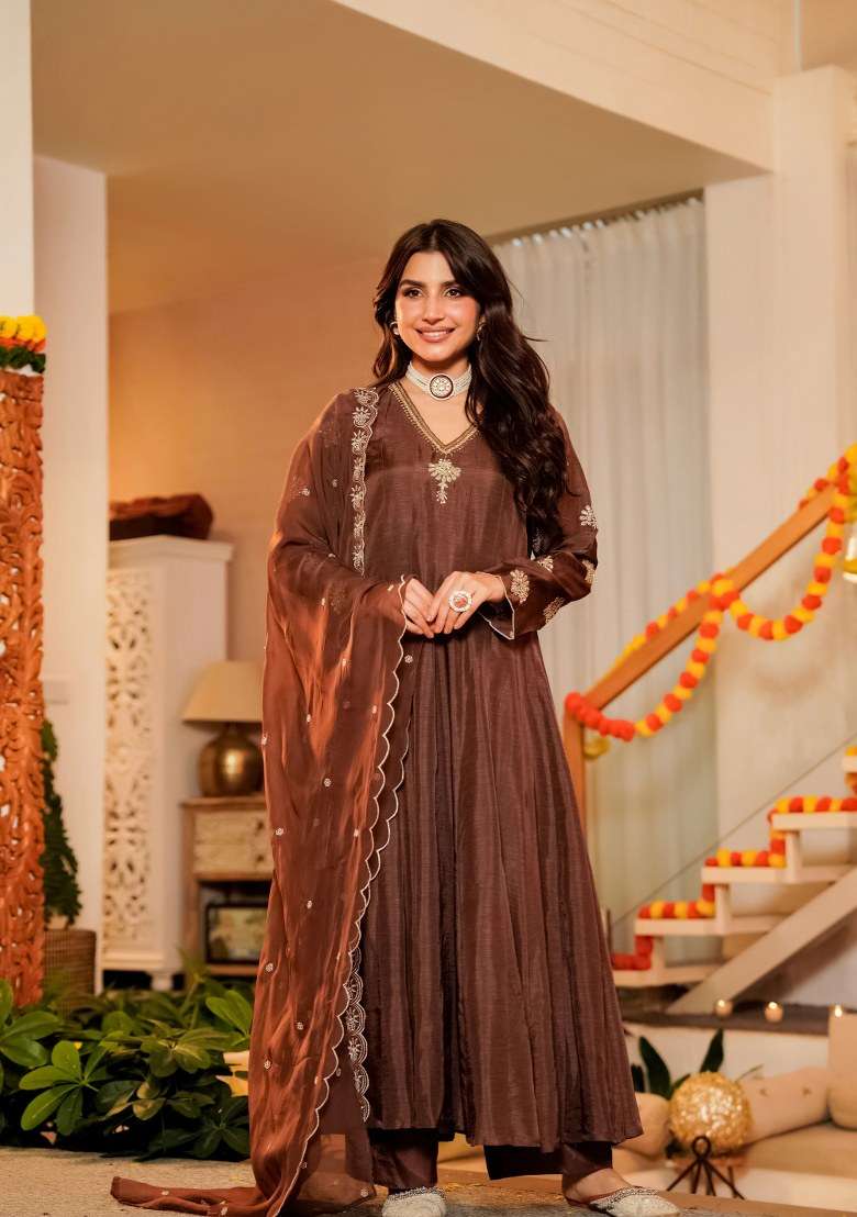 Coffee Embroidered Vichitra Kurta Set - Indya