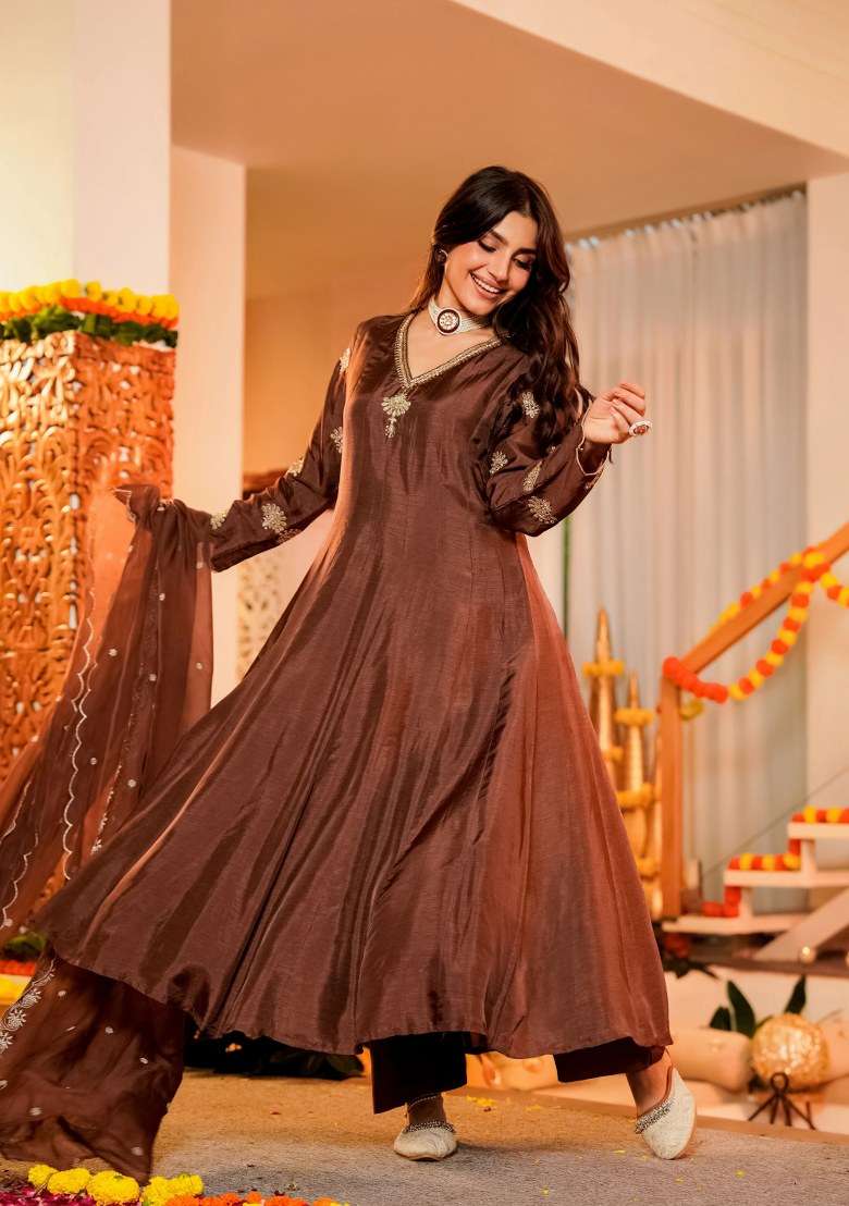 Coffee Embroidered Vichitra Kurta Set - Indya
