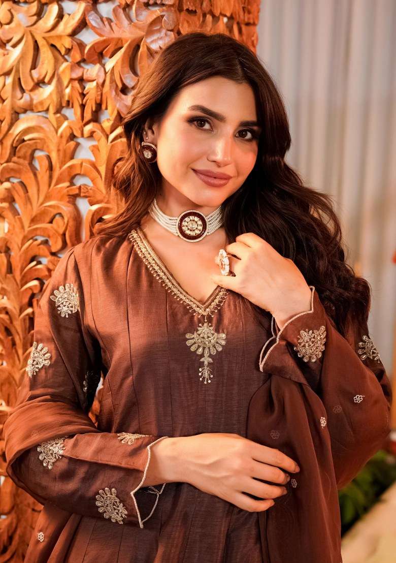 Coffee Embroidered Vichitra Kurta Set - Indya