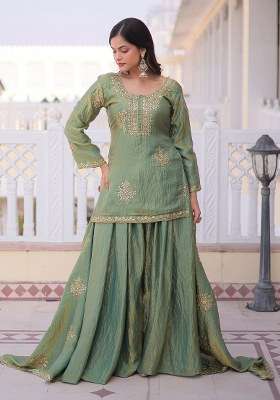 Pista Embroidered Vichitra Kurta Set