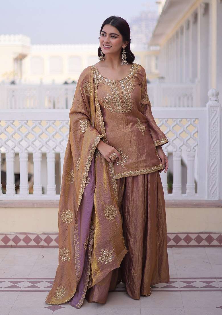 Peach Embroidered Vichitra Kurta Set - Indya