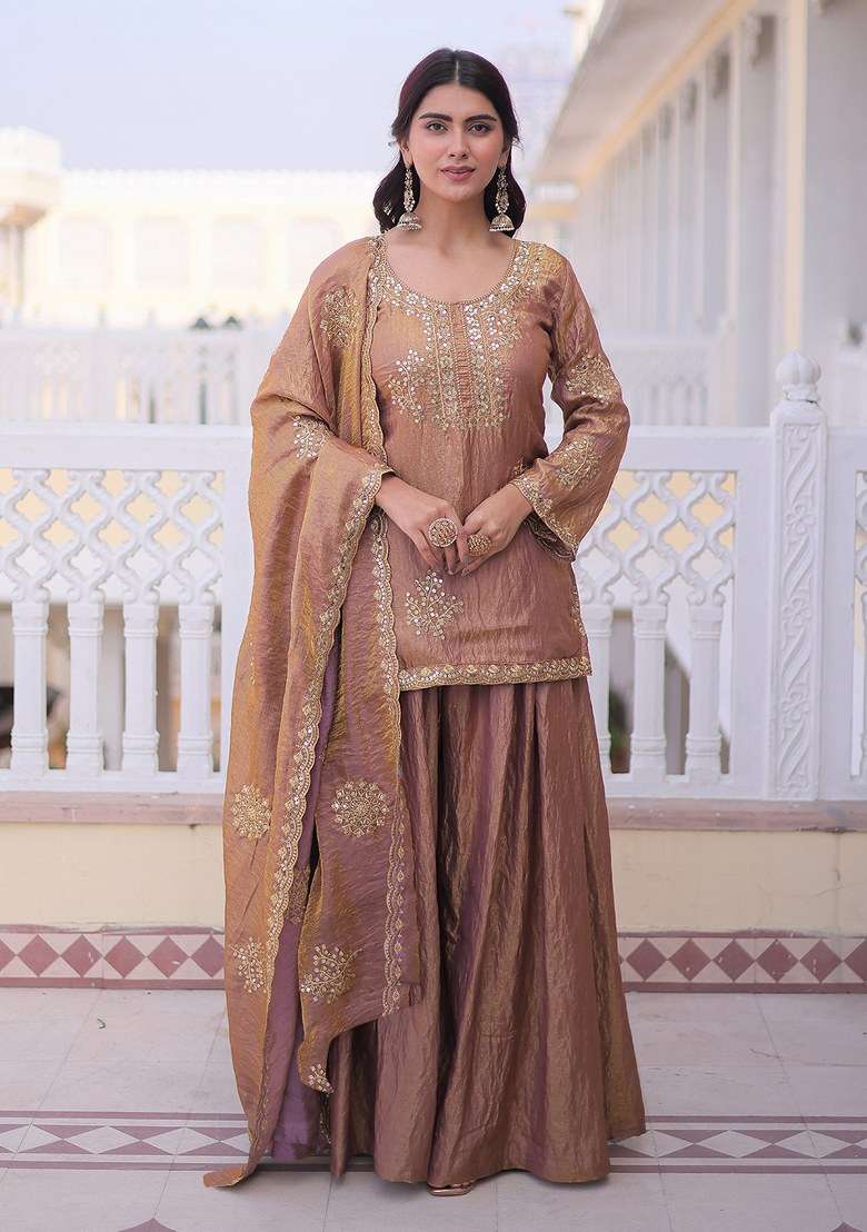 Peach Embroidered Vichitra Kurta Set - Indya