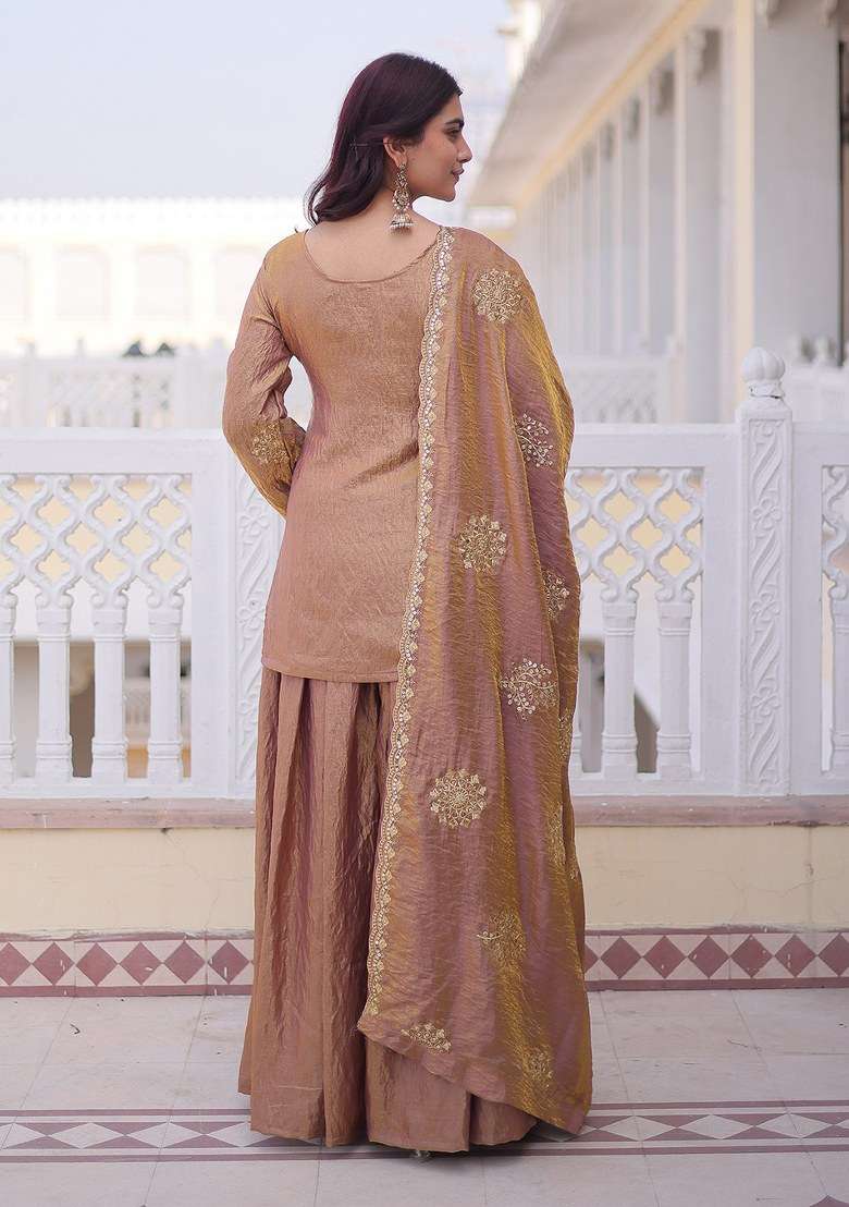 Peach Embroidered Vichitra Kurta Set - Indya