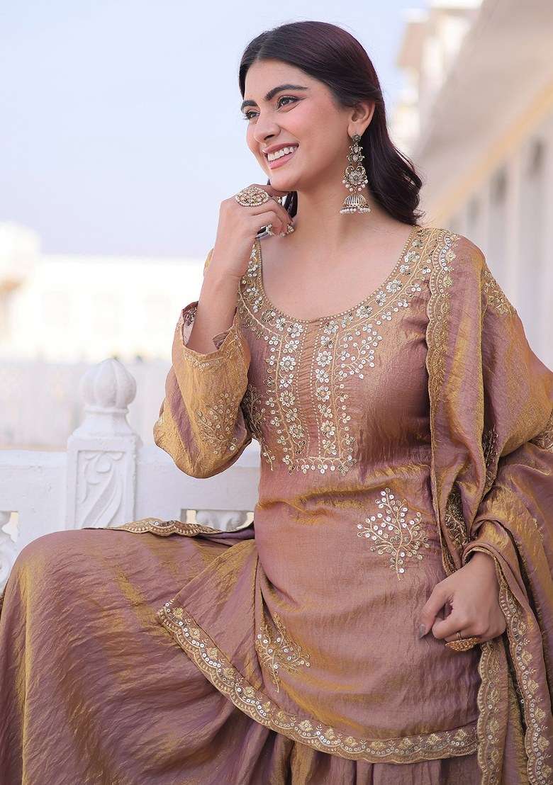 Peach Embroidered Vichitra Kurta Set - Indya