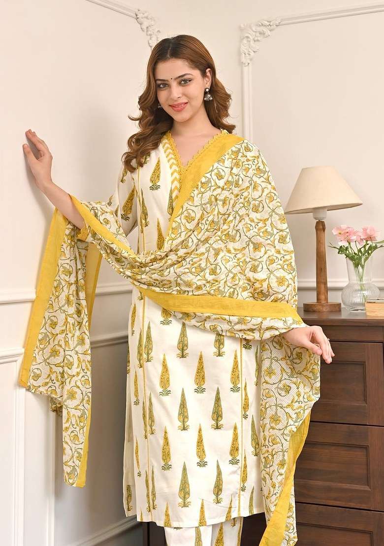 Yellow Printed Cotton Kurta Set - Indya