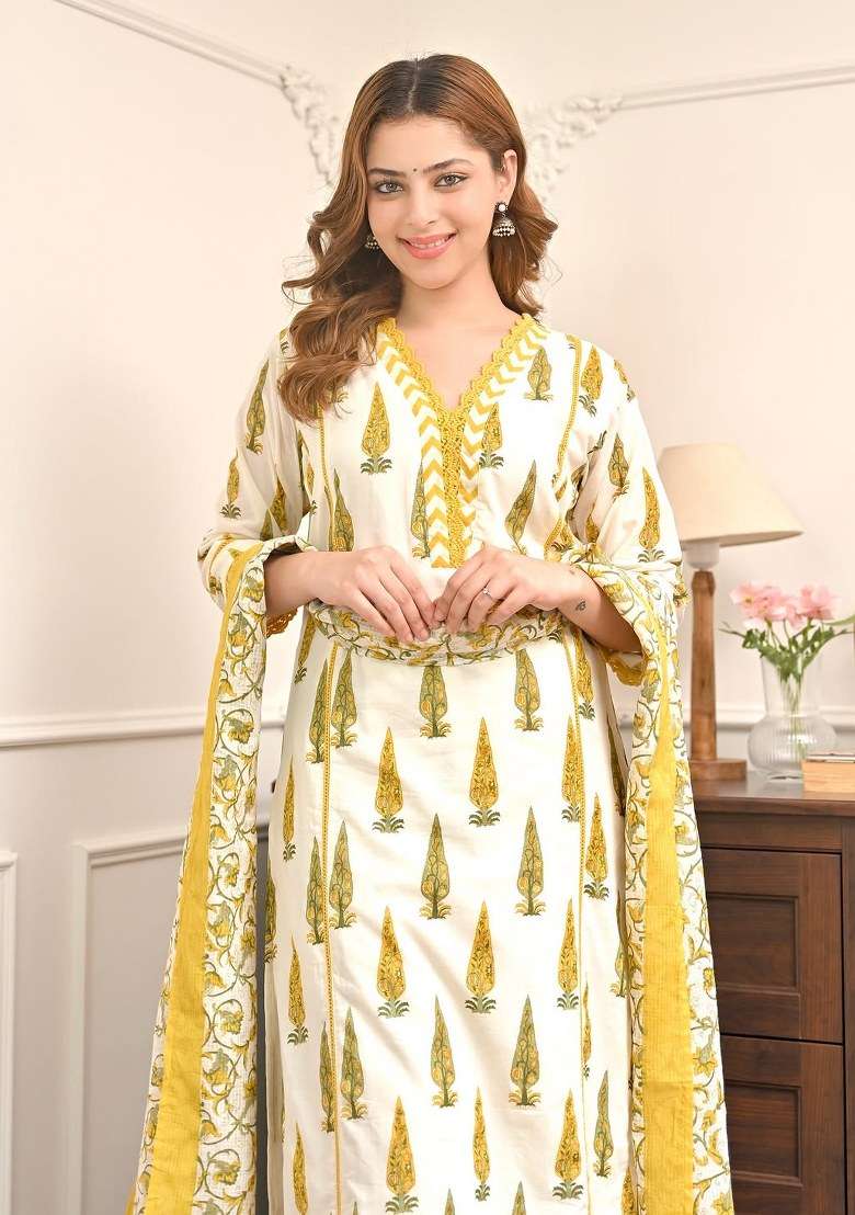 Yellow Printed Cotton Kurta Set - Indya