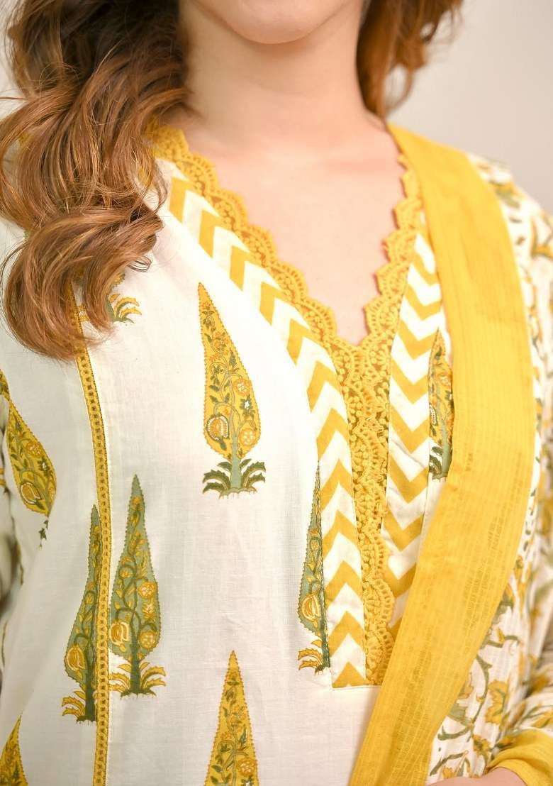 Yellow Printed Cotton Kurta Set - Indya