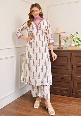 Purple Printed Cotton Kurta Set