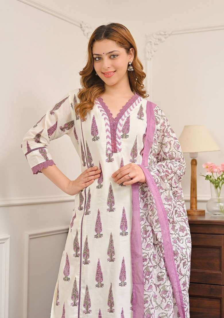 Purple Printed Cotton Kurta Set - Indya