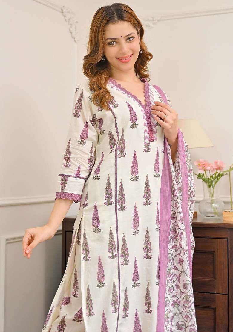 Purple Printed Cotton Kurta Set - Indya