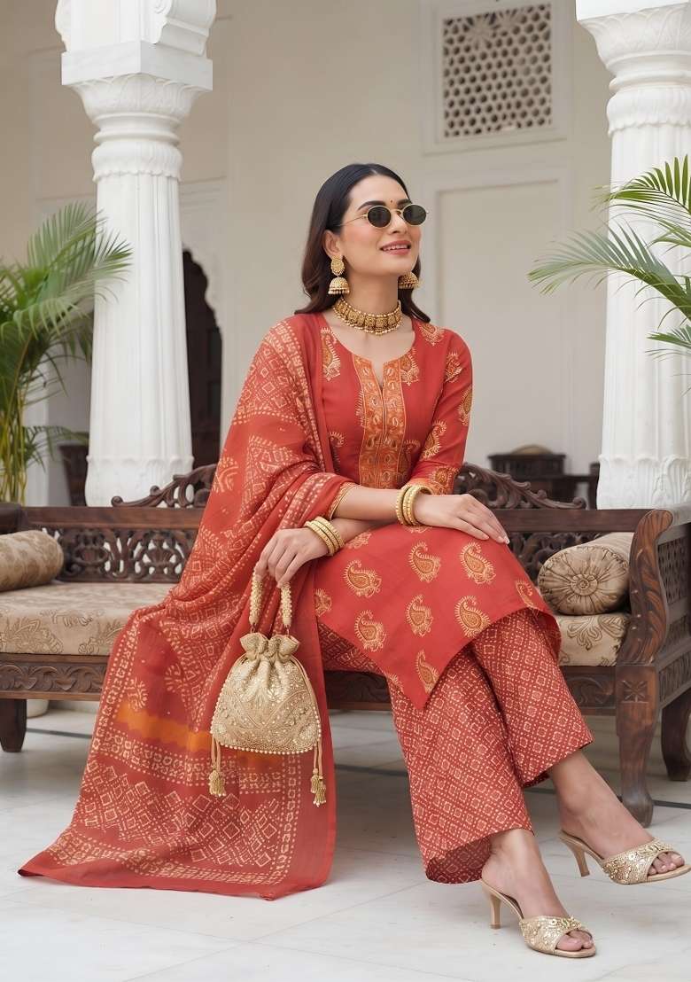 Rust Cotton Palazzo Set - Indya