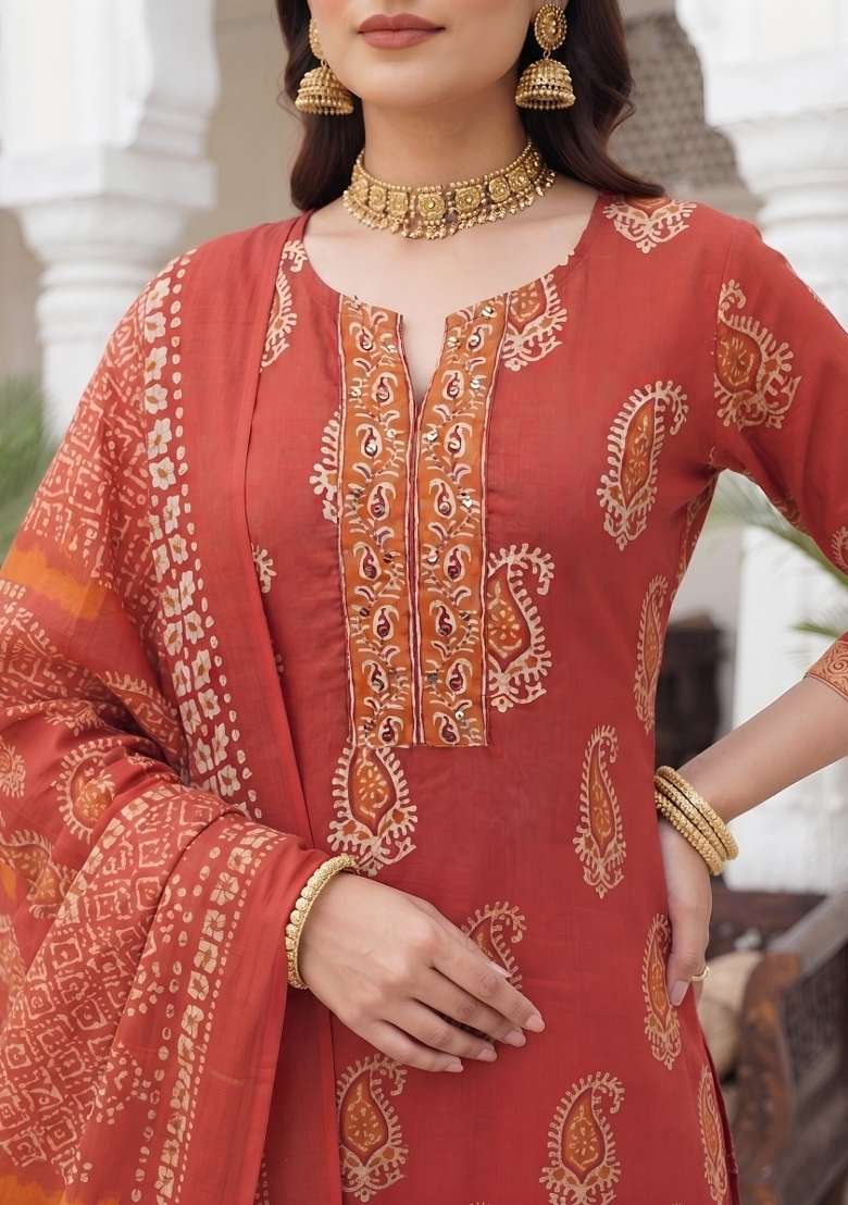 Rust Cotton Palazzo Set - Indya
