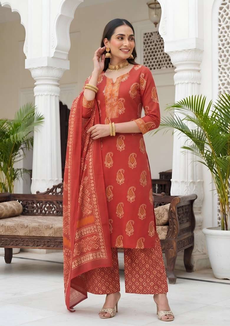 Rust Cotton Palazzo Set - Indya