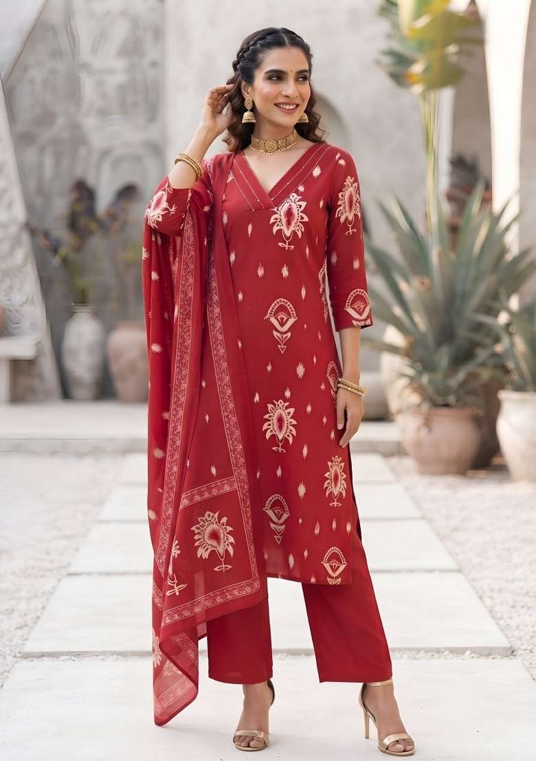 Red Cotton Palazzo Set - Indya