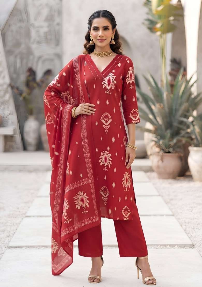 Red Cotton Palazzo Set - Indya