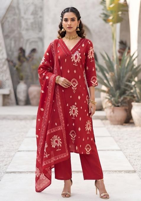 Red Cotton Palazzo Set