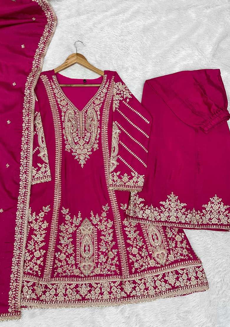 Rani Pink Embroidered Silk Kurta Set - Indya