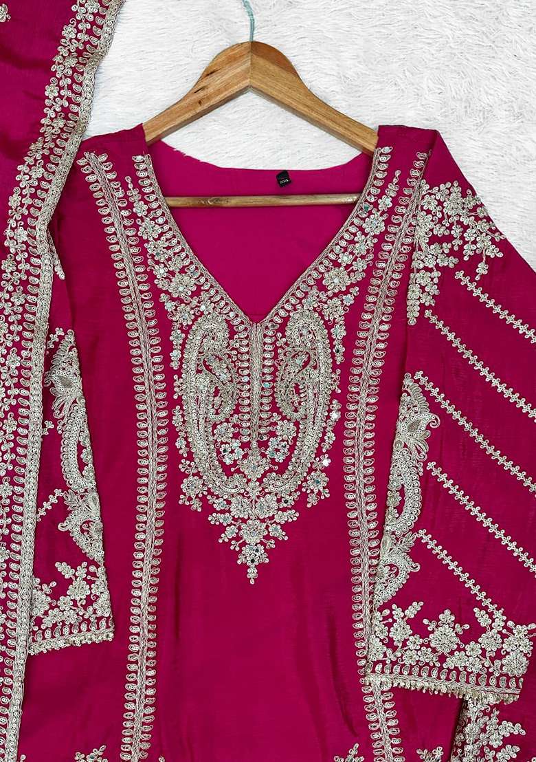 Rani Pink Embroidered Silk Kurta Set - Indya