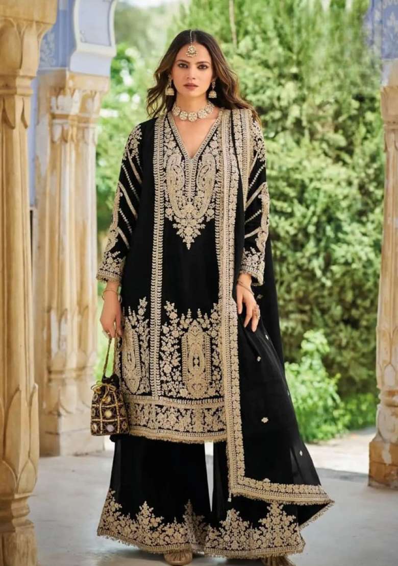 Black Embroidered Silk Kurta Set - Indya
