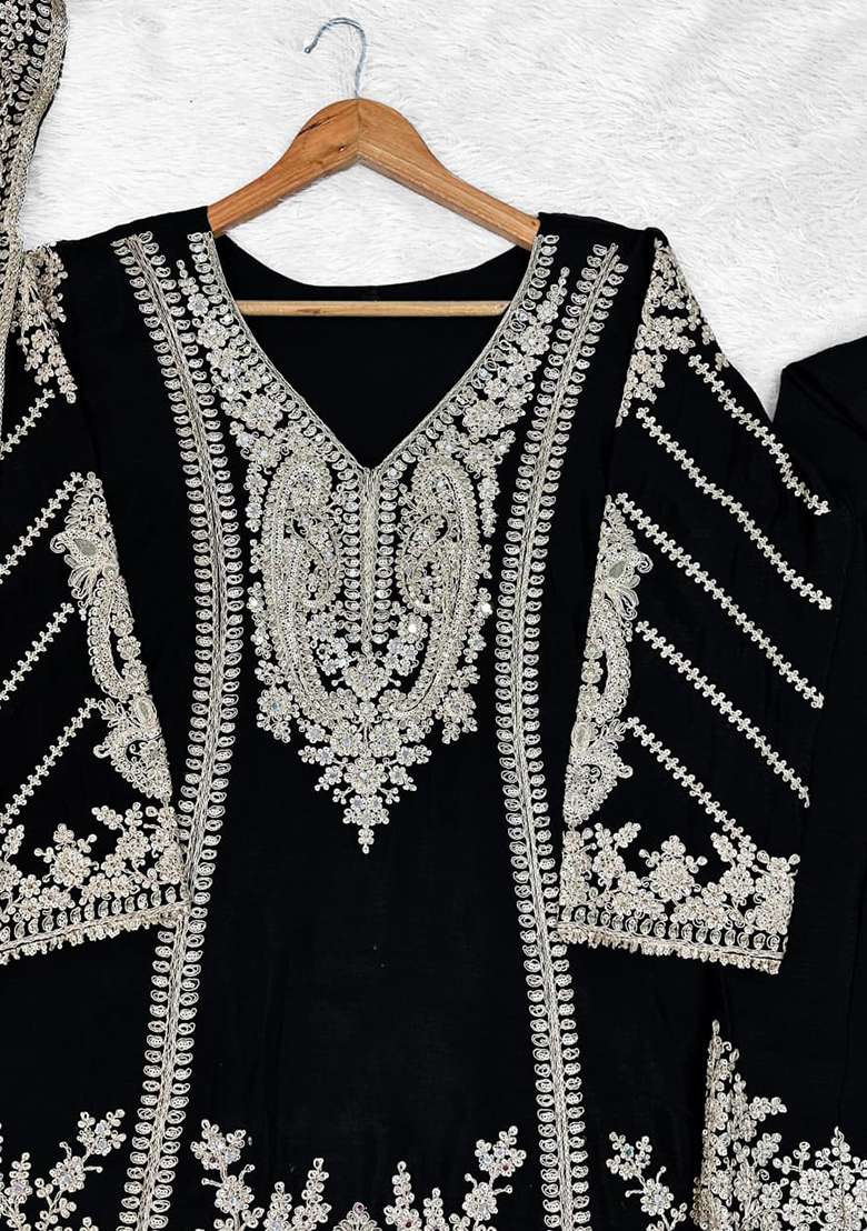 Black Embroidered Silk Kurta Set - Indya