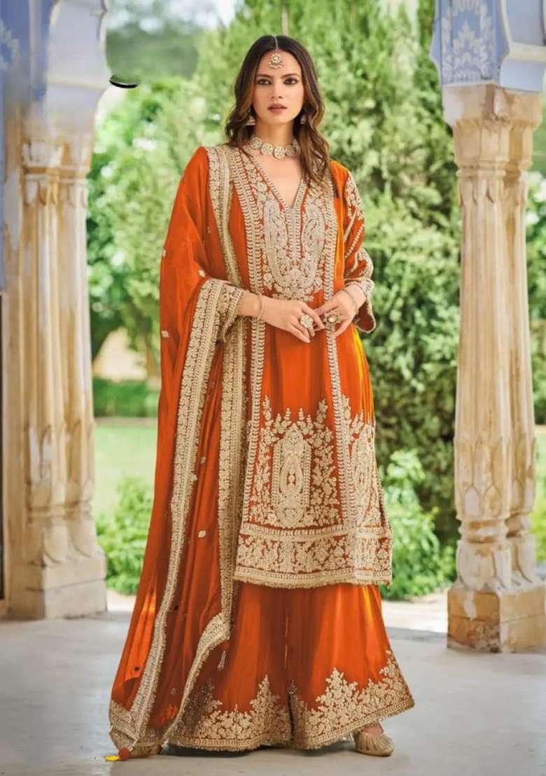 Orange Embroidered Silk Kurta Set - Indya