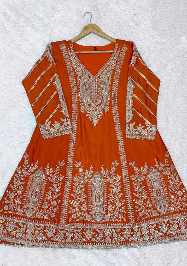 Orange Embroidered Silk Kurta Set - Indya