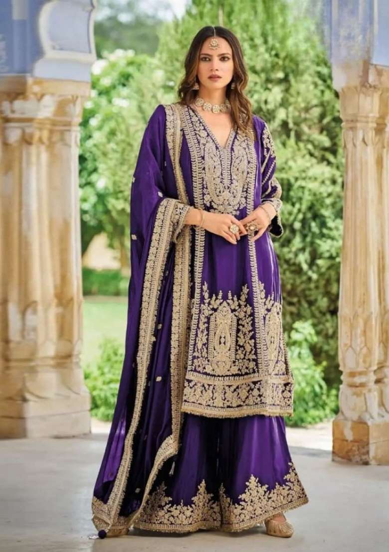 Violet Embroidered Silk Kurta Set - Indya