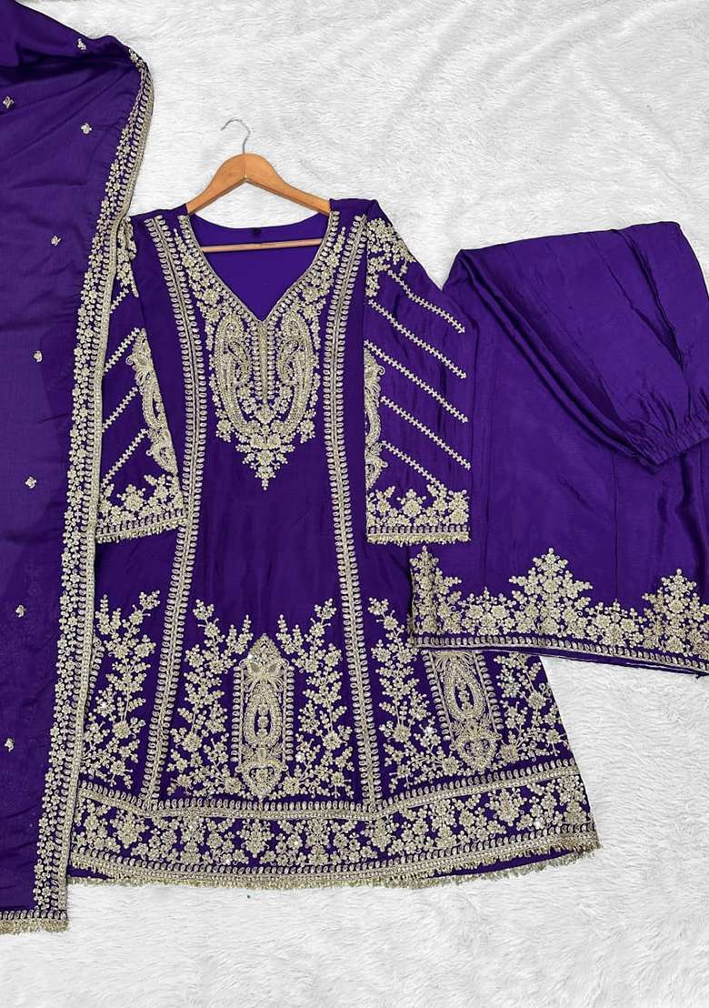 Violet Embroidered Silk Kurta Set - Indya