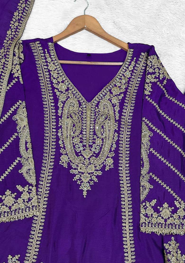 Violet Embroidered Silk Kurta Set - Indya