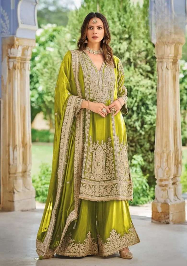 Olive Embroidered Silk Kurta Set - Indya