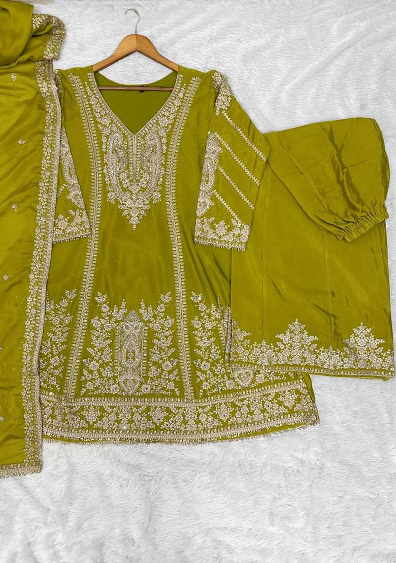 Olive Embroidered Silk Kurta Set - Indya