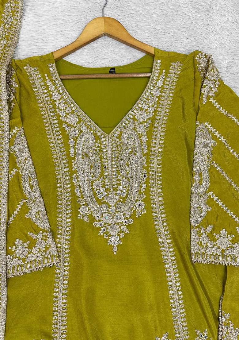 Olive Embroidered Silk Kurta Set - Indya