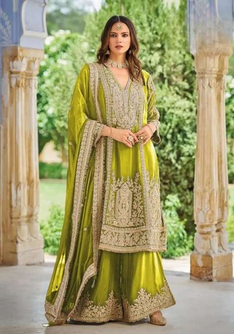 Olive Embroidered Silk Kurta Set