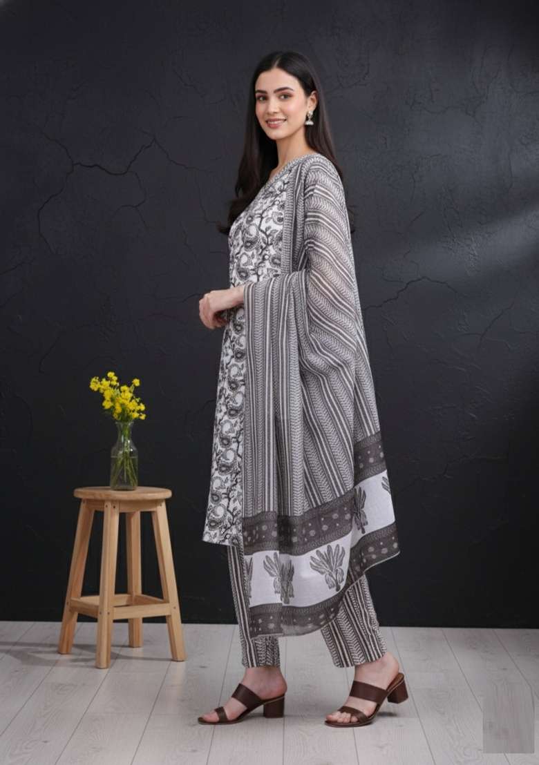 Grey Printed Cotton Kurta Set - Indya