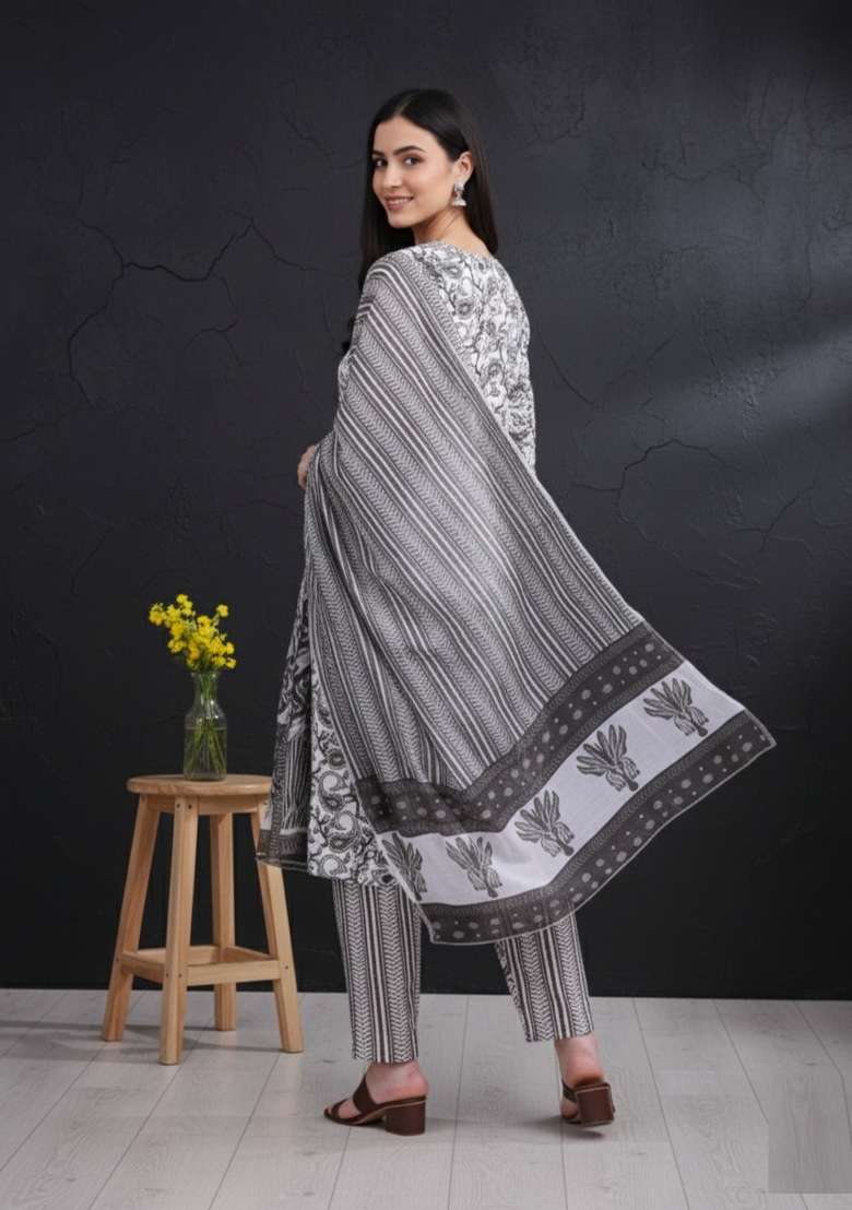 Grey Printed Cotton Kurta Set - Indya