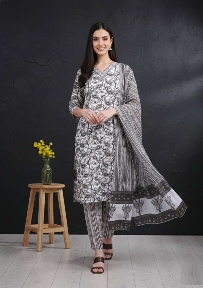 Grey Printed Cotton Kurta Set - Indya