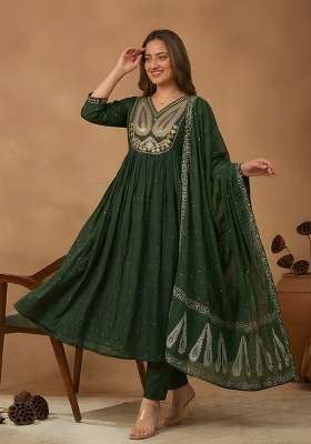 Green Embroidered Cotton Kurta Set