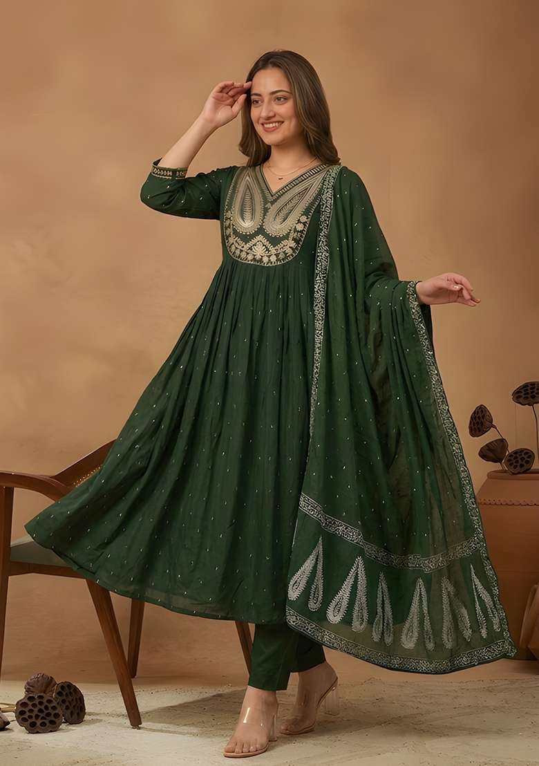 Green Embroidered Cotton Kurta Set - Indya