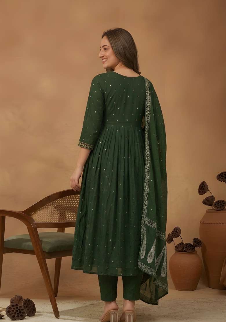 Green Embroidered Cotton Kurta Set - Indya